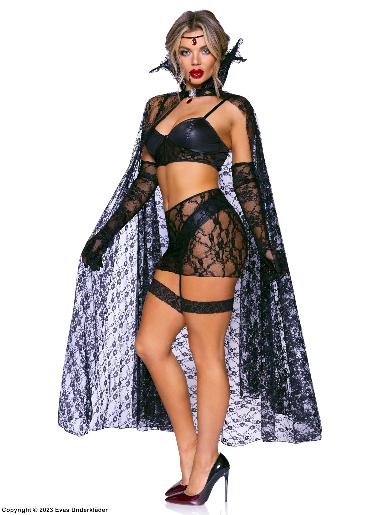 Vampyr, maskeraddräkt med topp och kjol i läderimmitation med blommig spets och stående krage